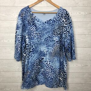 Liz & Me Women's Animal Print V Neck Tee Shirt 100% Cotton Blue Short Sleeve 2X